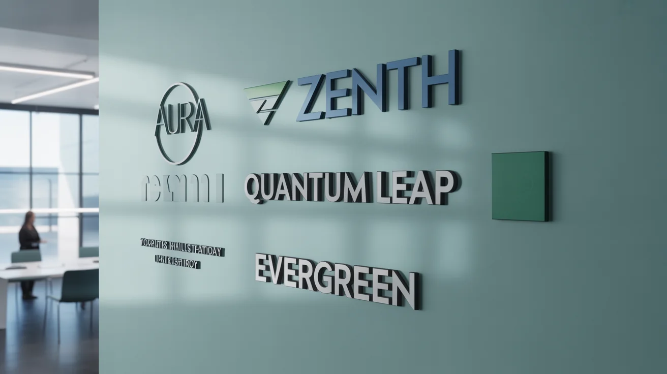 A professional mockup of a white office wall displaying a grid of fictional, modern company logos in various styles and colors, demonstrating a logo wall.