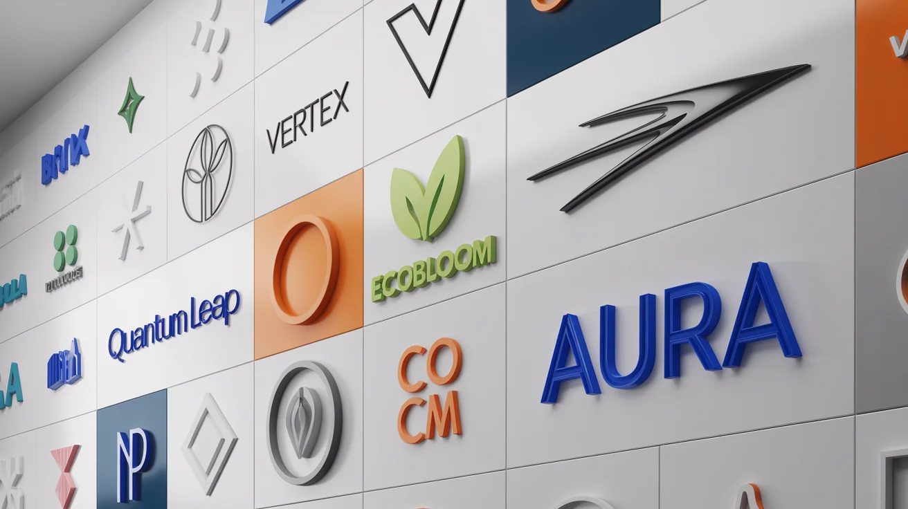 A professional mockup of a white wall displaying a grid of diverse and colorful logos for fictional companies like 'Vertex' and 'EcoBloom'.
