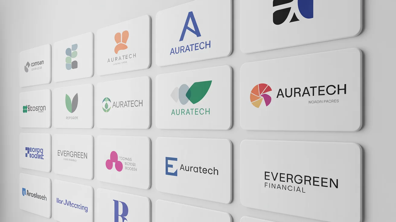 A modern logo wall displaying a variety of professionally designed fictional company logos against a clean white background.
