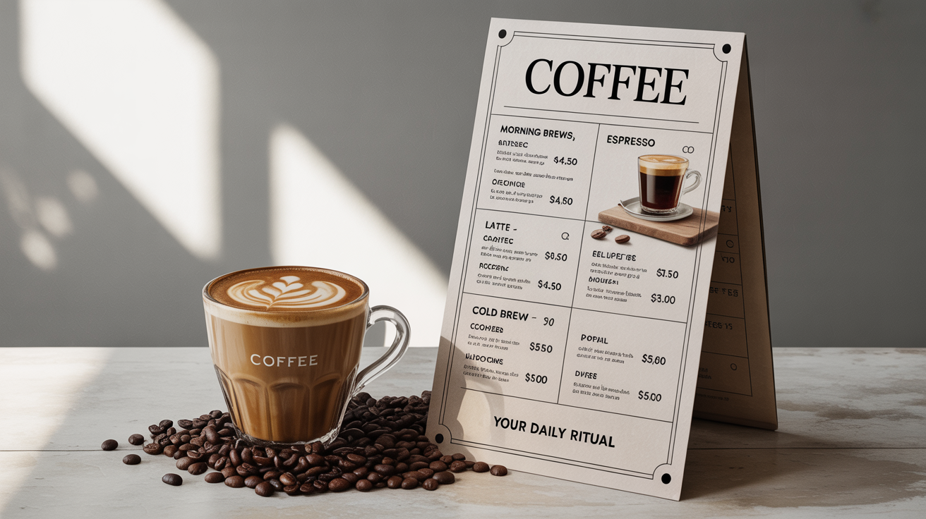 A professionally designed coffee menu with modern typography, laid flat on a light wooden table next to a cup of cappuccino with latte art.