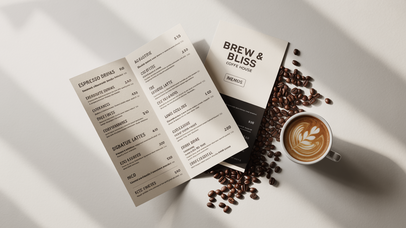 A modern trifold coffee menu for 'BREW & BLISS COFFEE HOUSE' laid flat on a white surface, next to a cappuccino and scattered coffee beans.