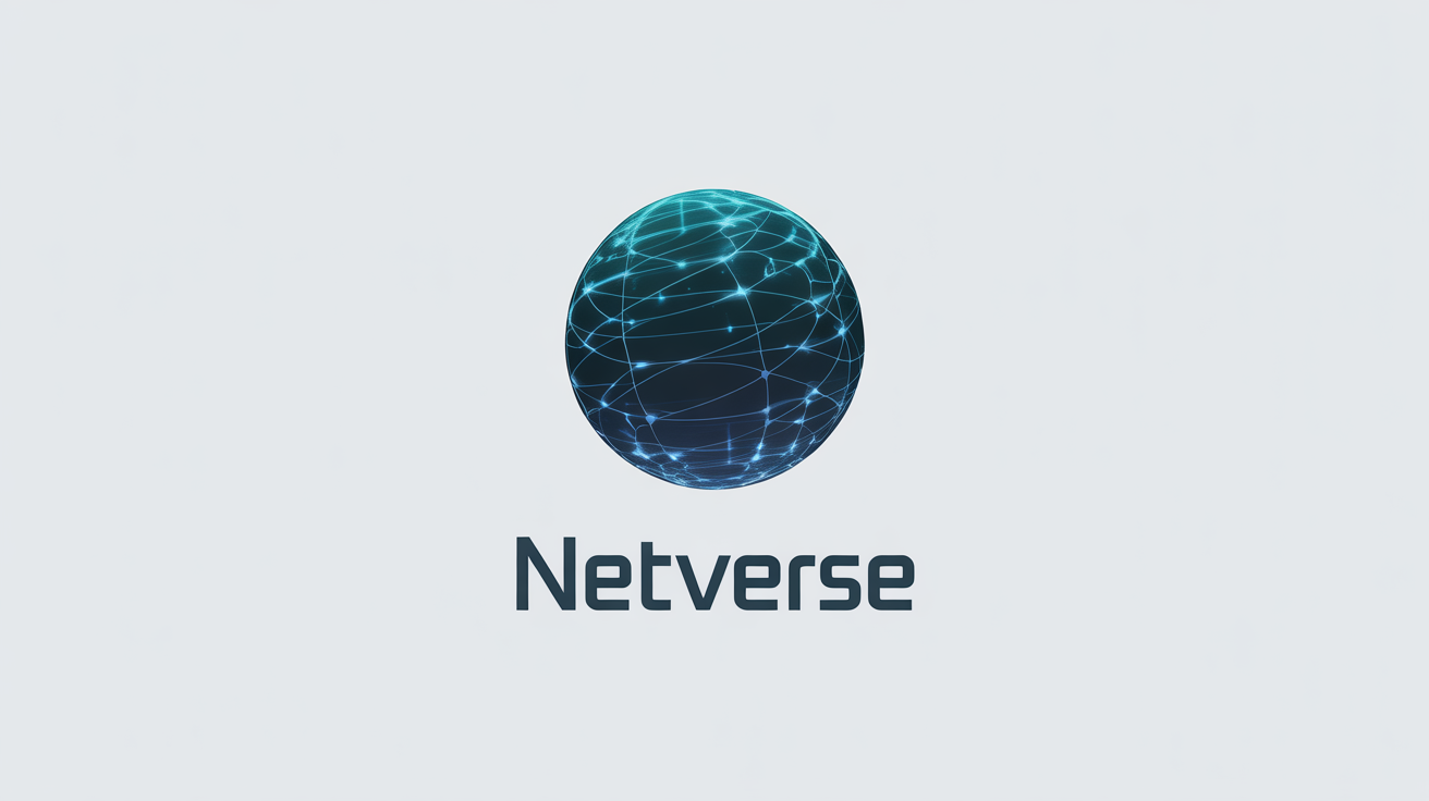 A minimalist internet logo for a company named "NetVerse". The logo is a blue and cyan abstract sphere representing a digital network, set against a clean white background.