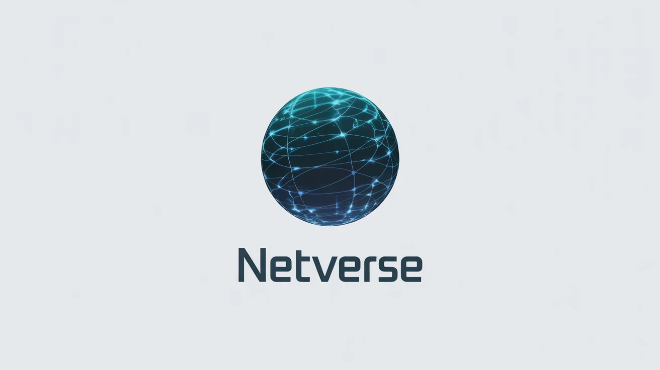 A minimalist internet logo for a company named "NetVerse". The logo is a blue and cyan abstract sphere representing a digital network, set against a clean white background.