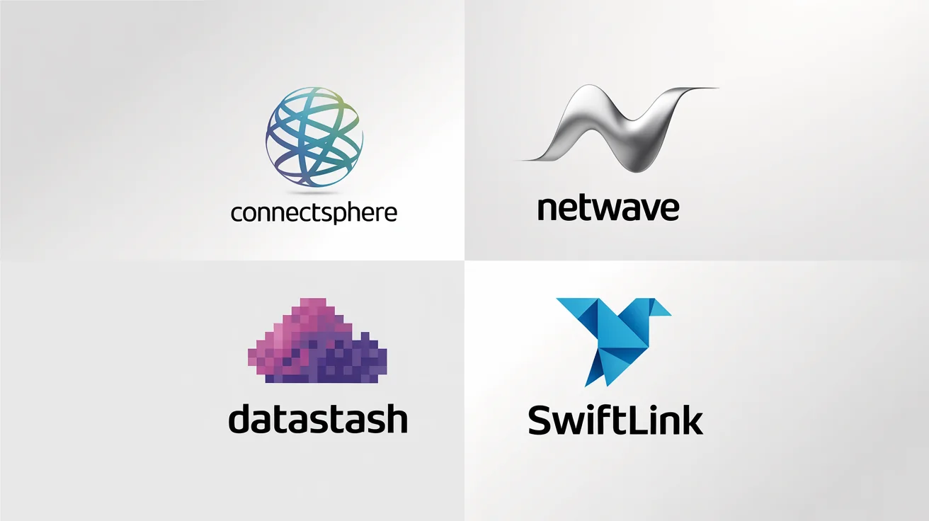 Four different examples of modern internet logos displayed on a white background. The logos are for fictional companies: 'ConnectSphere', 'NetWave', 'DataStash', and 'SwiftLink', each with a unique icon representing connectivity and technology.