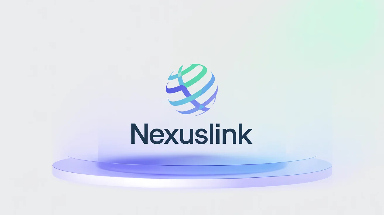 A minimalist logo for a tech company named 'NexusLink'. The logo features a stylized globe made of blue and teal digital lines, positioned above the company name on a white background.