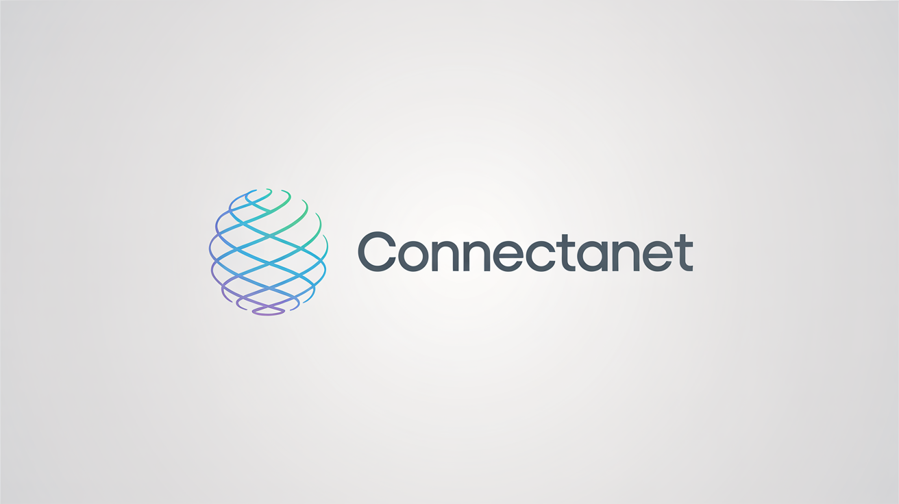 A professional mockup of an internet logo featuring a blue and teal abstract globe icon next to the fictional company name 'ConnectaNet' on a plain white background.
