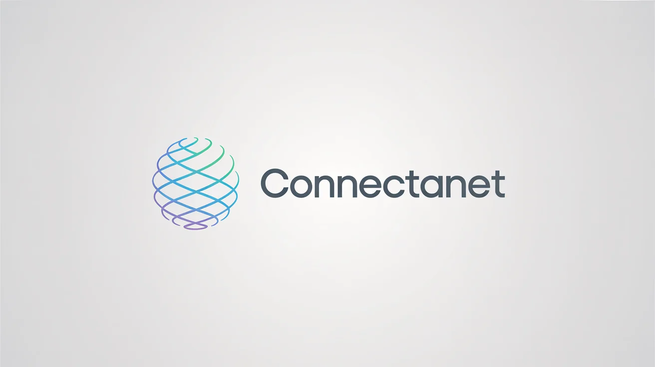 A professional mockup of an internet logo featuring a blue and teal abstract globe icon next to the fictional company name 'ConnectaNet' on a plain white background.