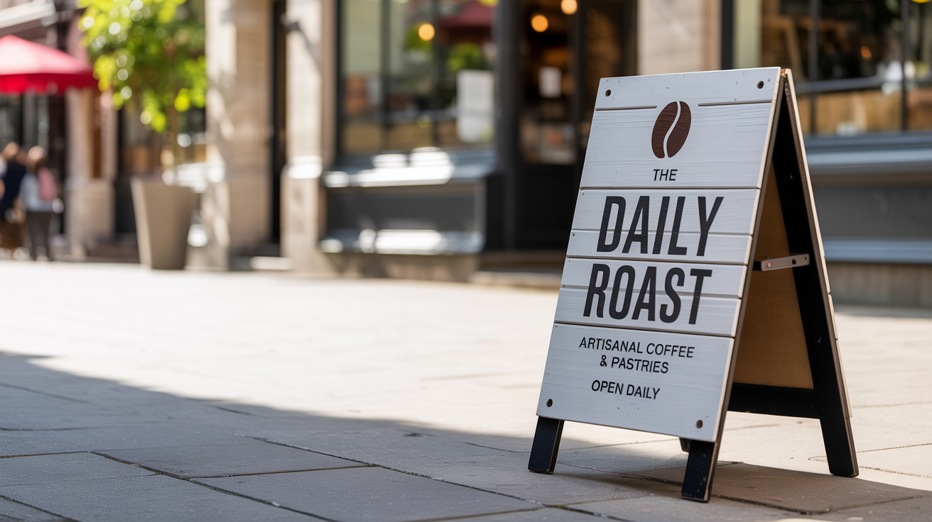 A modern white A-frame sign for a coffee shop named 'The Daily Roast' showcasing a professional design template.