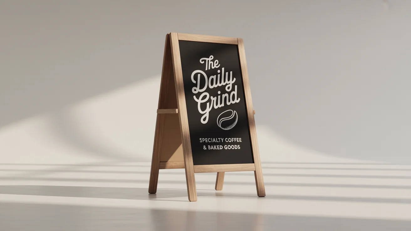 A professional mockup of a wooden A-frame chalkboard sign with 'The Daily Grind' and 'Specialty Coffee & Baked Goods' written in chalk, displayed against a clean white background.