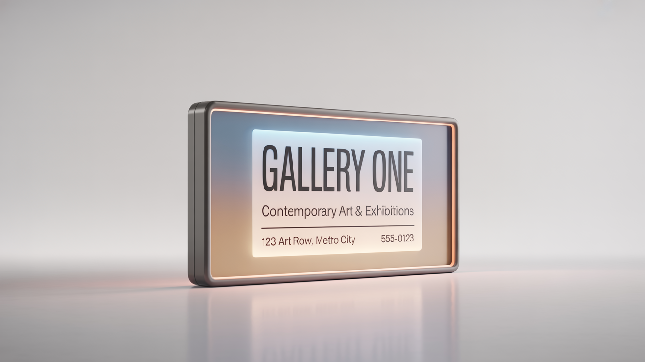 A modern black metal frame sign with text for an art gallery named 'Gallery One', shown as a product mockup against a plain white background.