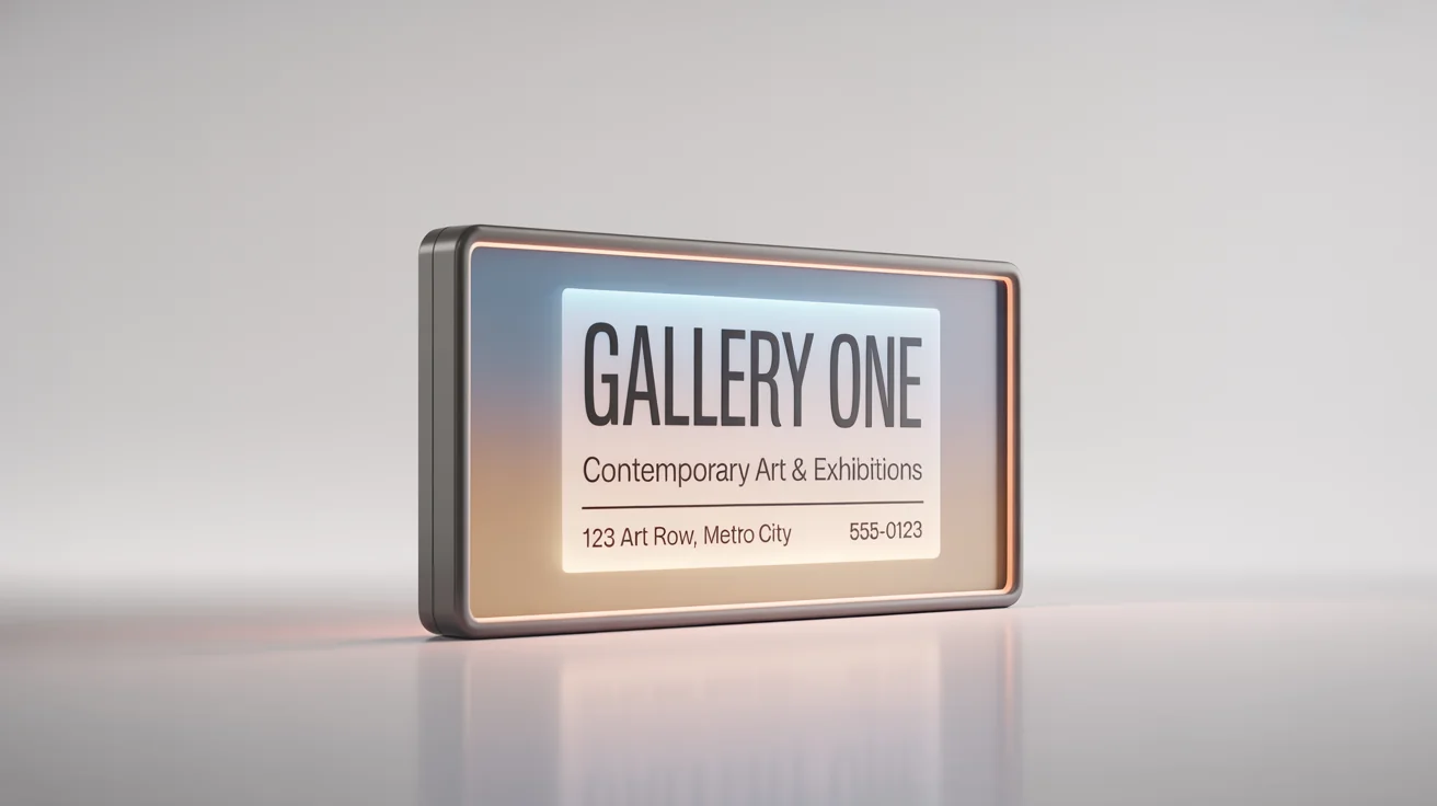 A modern black metal frame sign with text for an art gallery named 'Gallery One', shown as a product mockup against a plain white background.