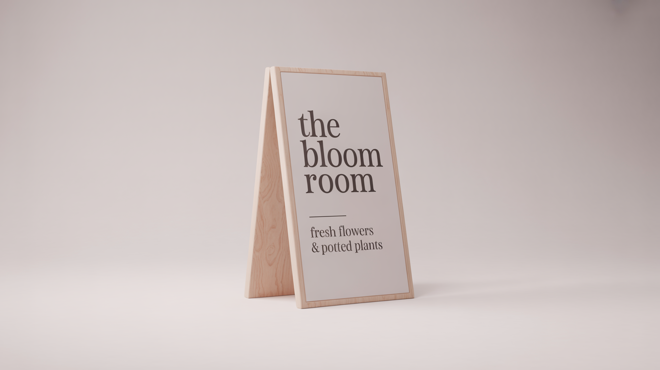 A mockup of a light wood A-frame sign with a white panel, displaying the text 'The Bloom Room' and 'Fresh Flowers & Potted Plants' against a clean white background.