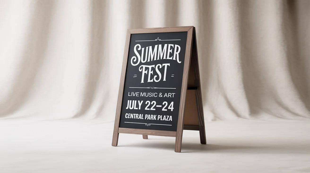 A photorealistic mockup of a wooden A-frame sign with a chalkboard front, advertising a 'SUMMER FEST' with event details, set against a plain white background.