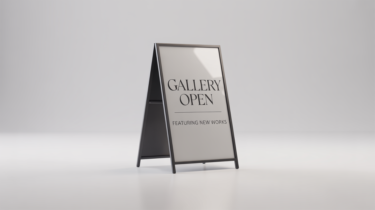 A professional mockup of a black metal A-frame sidewalk sign on a white background. The sign reads 'GALLERY OPEN, Featuring New Works' in a modern font.