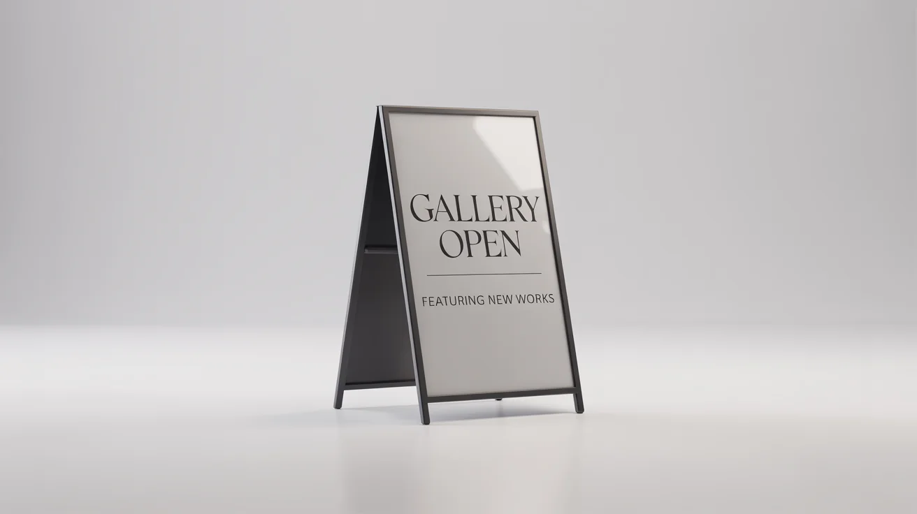 A professional mockup of a black metal A-frame sidewalk sign on a white background. The sign reads 'GALLERY OPEN, Featuring New Works' in a modern font.