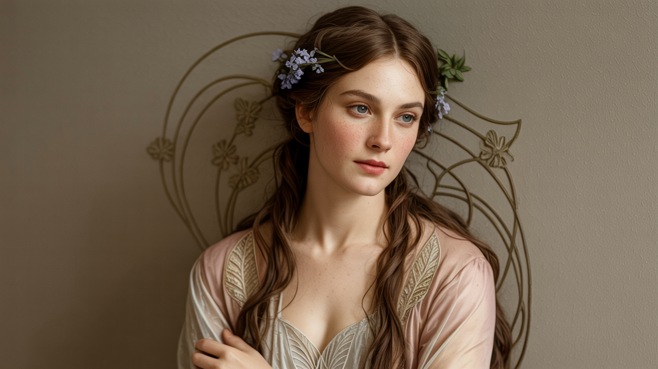 An elegant Art Nouveau portrait of a woman with long, flowing chestnut hair decorated with wildflowers, rendered in the iconic style of Alphonse Mucha with intricate linework and decorative floral patterns.