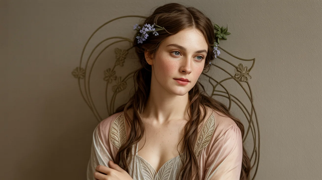 An elegant Art Nouveau portrait of a woman with long, flowing chestnut hair decorated with wildflowers, rendered in the iconic style of Alphonse Mucha with intricate linework and decorative floral patterns.