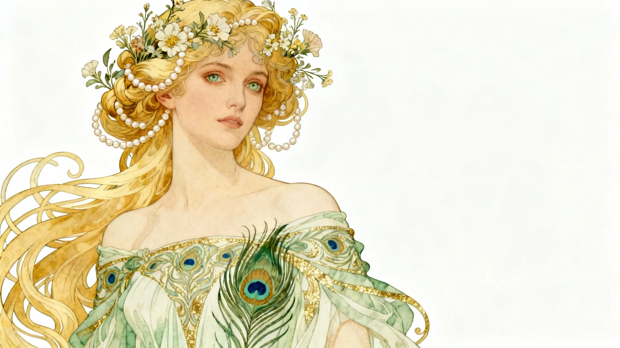 An elegant Art Nouveau portrait of a woman with long, flowing hair decorated with flowers, rendered in a style reminiscent of Alphonse Mucha, set against a plain white background.