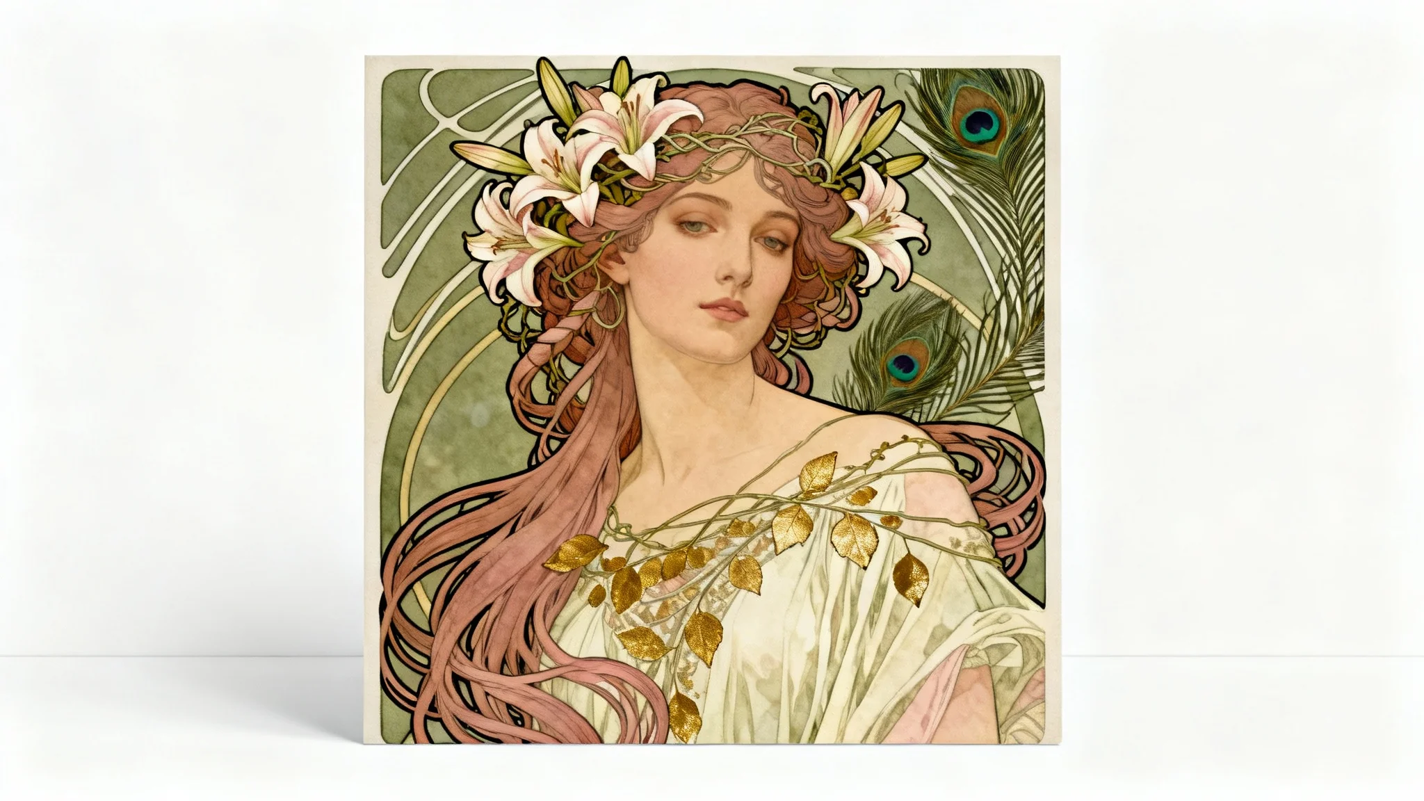 An elegant Art Nouveau portrait of a woman with long, flowing hair surrounded by stylized flowers and intricate patterns in the style of Alphonse Mucha, presented as an art print mockup on a white background.