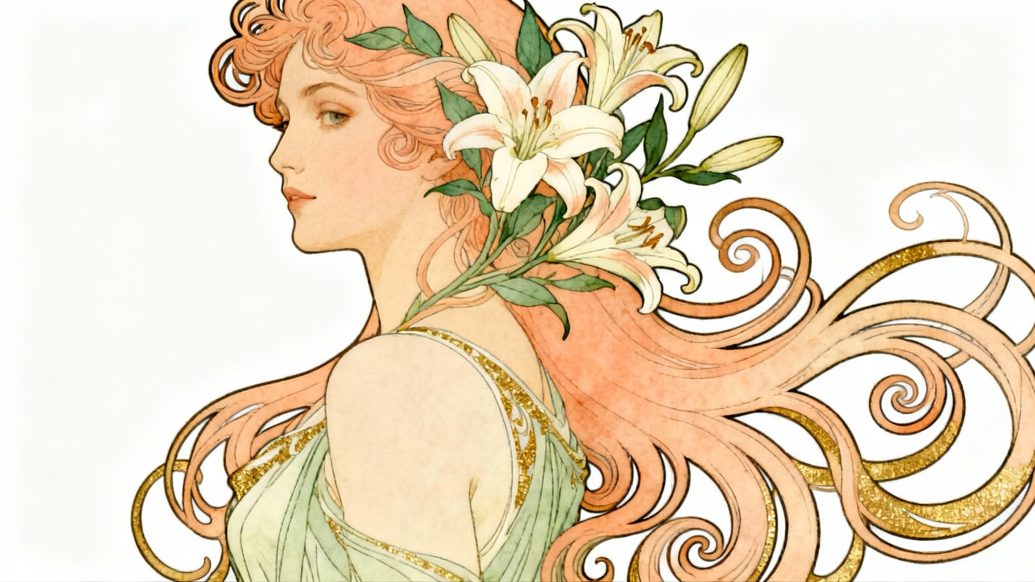 An elegant Art Nouveau portrait of a woman with long, flowing hair decorated with flowers, created in the style of Alphonse Mucha with a muted color palette against a white background.