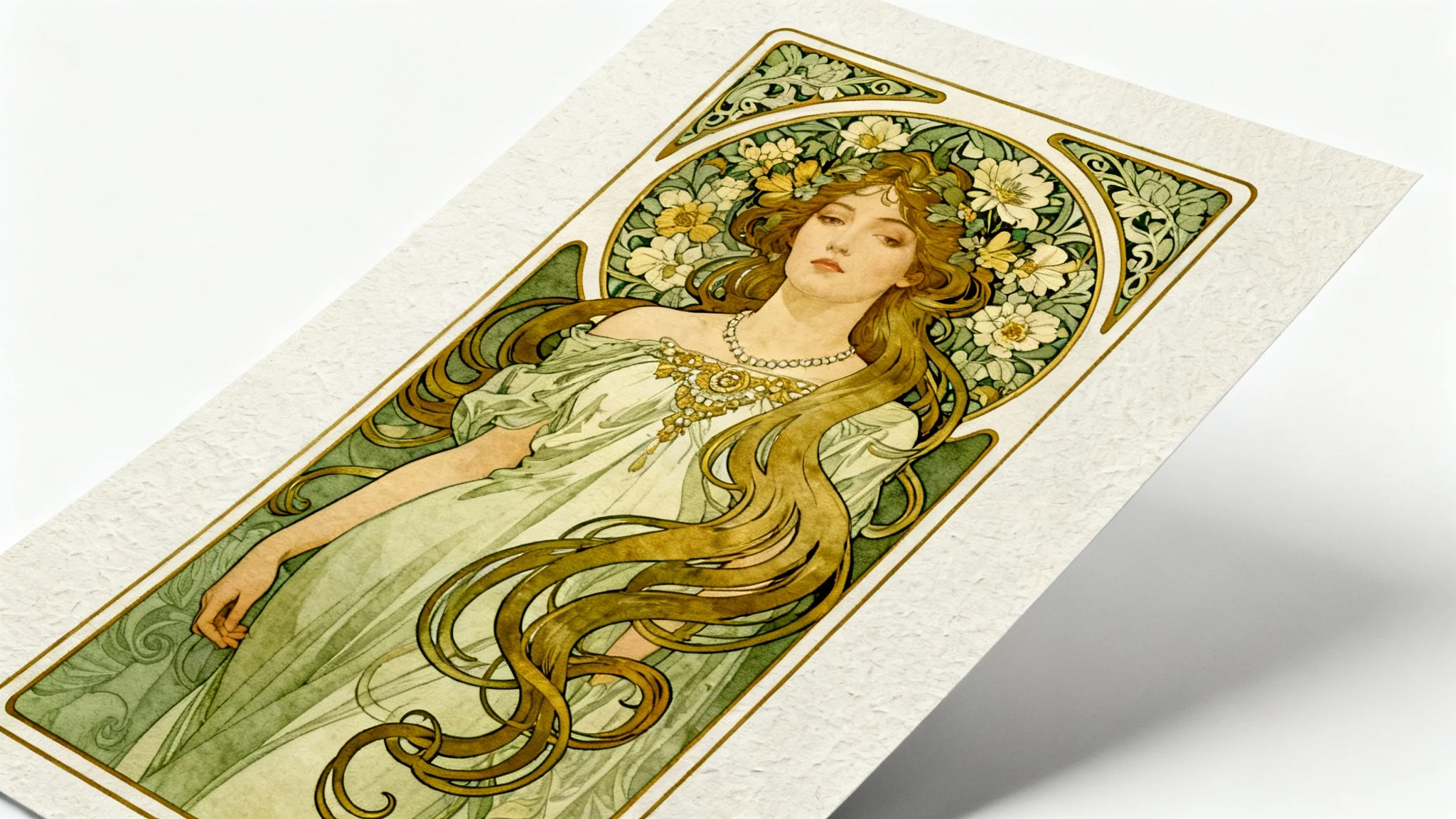 An elegant Art Nouveau portrait of a woman with flowing hair and floral motifs, in the style of Alphonse Mucha, displayed as a print against a white background.