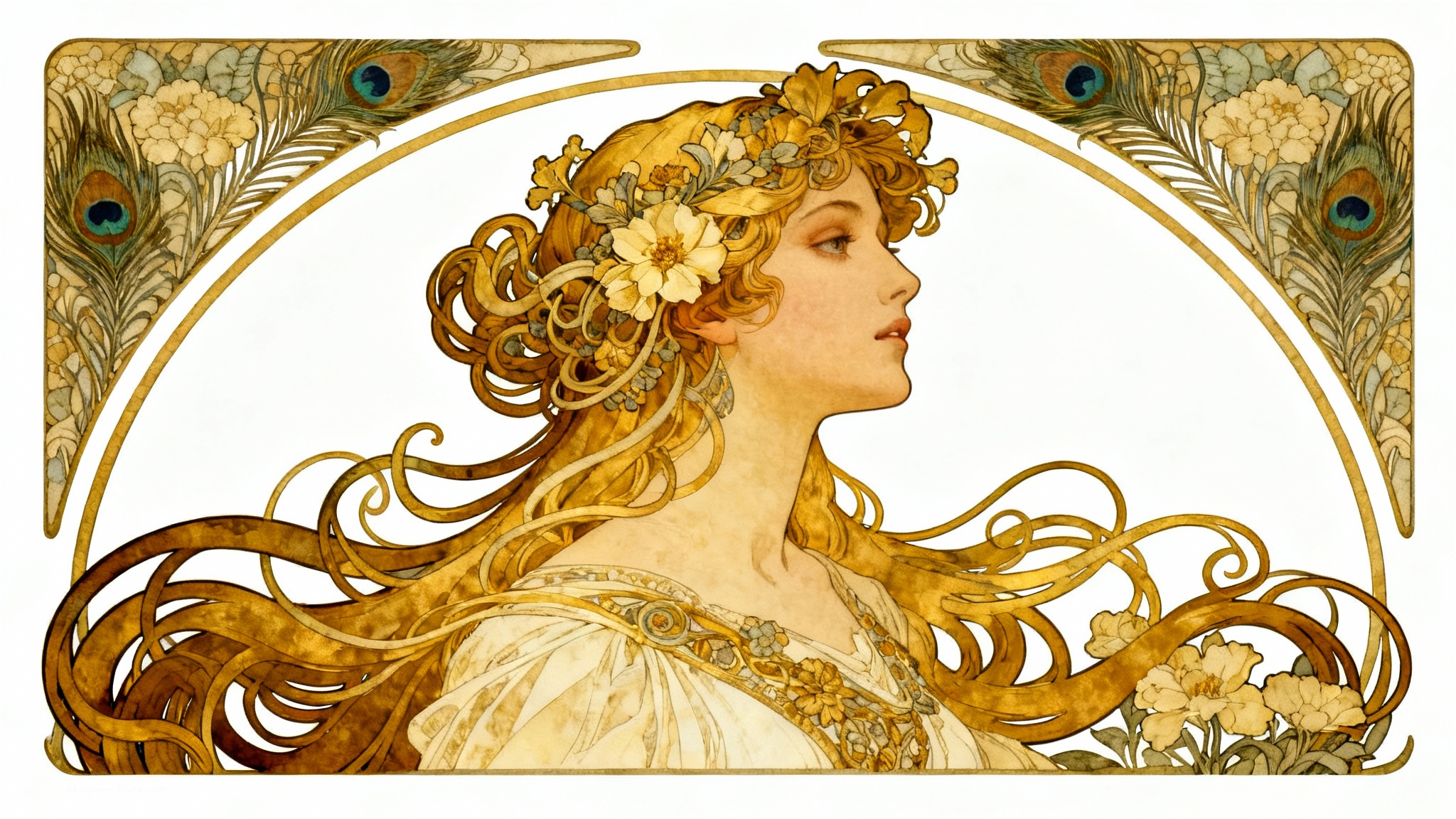 An elegant Art Nouveau portrait of a woman with flowing hair and floral decorations, in the style of Alphonse Mucha, presented as a print on a clean white background.