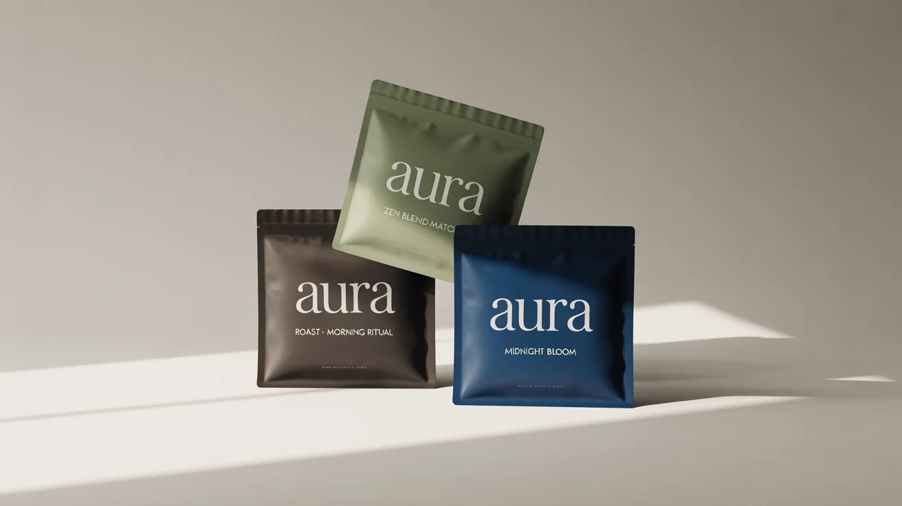 A professional product mockup of three beautifully designed mylar bags for a fictional coffee and tea brand, shown in a clean studio setting.