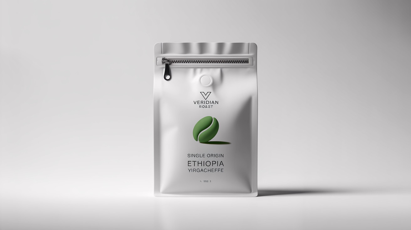 A professional mockup of a matte white mylar bag for 'VERIDIAN ROAST' single-origin coffee, standing on a clean white background.
