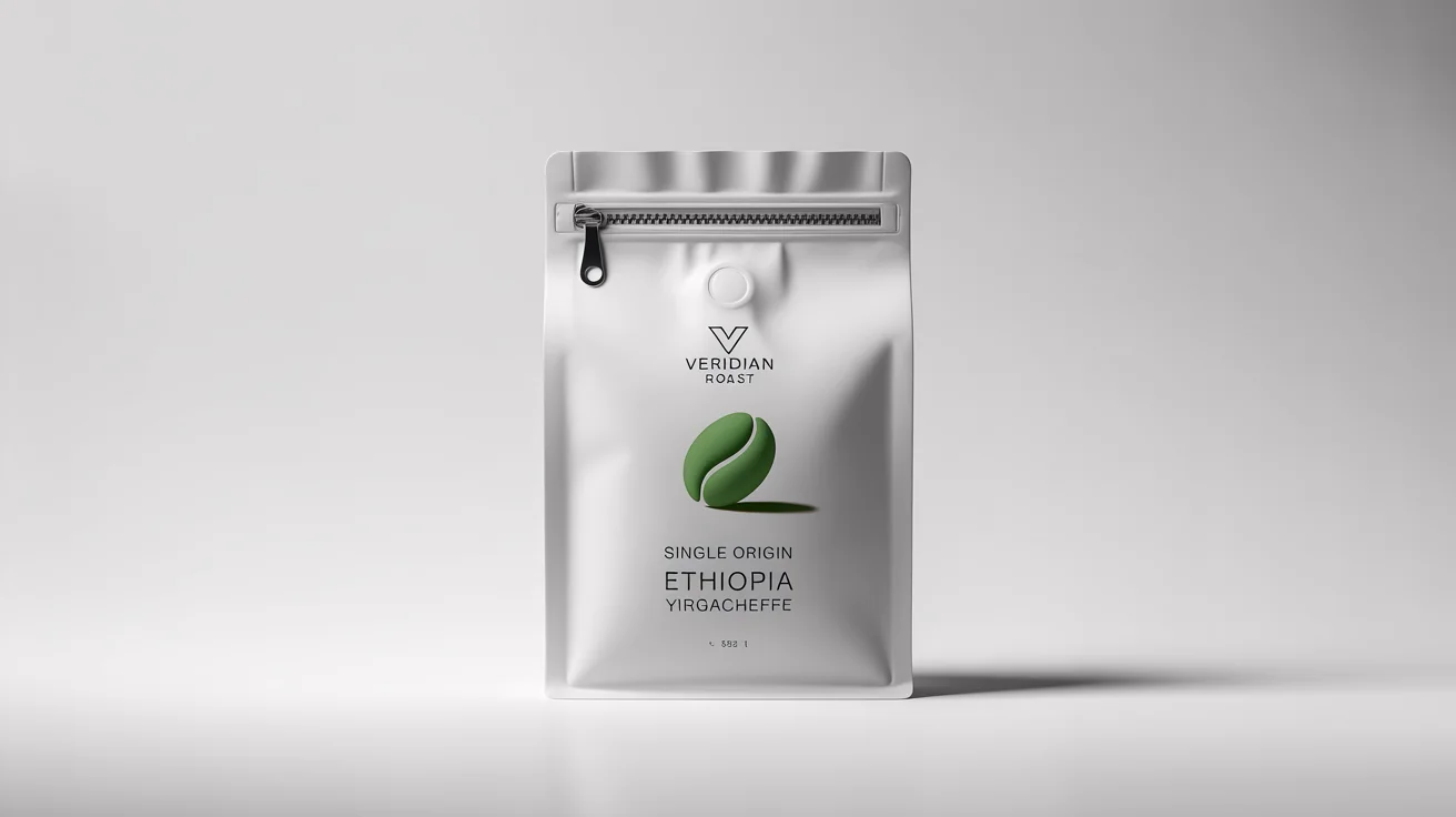 A professional mockup of a matte white mylar bag for 'VERIDIAN ROAST' single-origin coffee, standing on a clean white background.