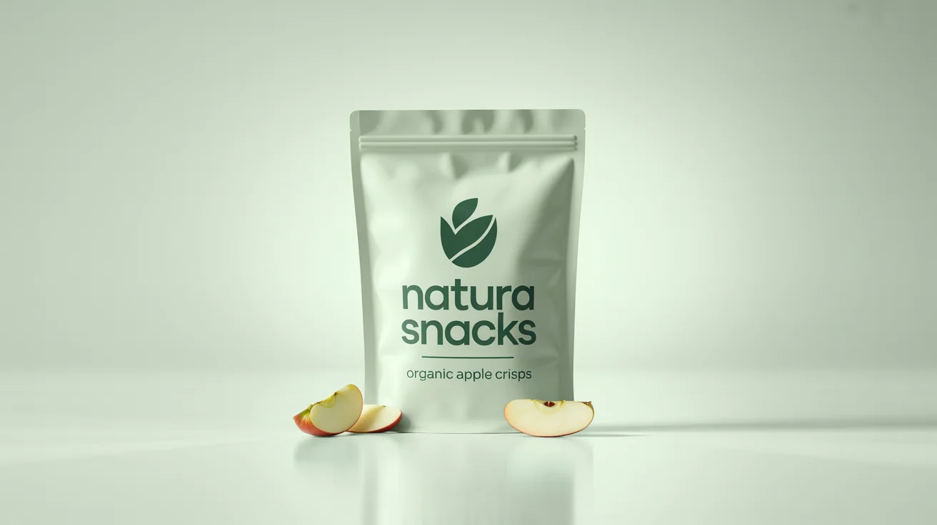 A professional product mockup of a matte white mylar bag for 'Natura Snacks Organic Apple Crisps' standing against a plain white background.