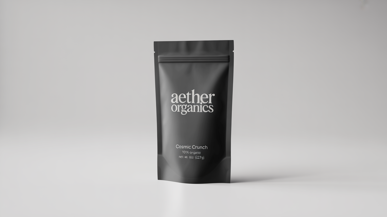 A professional mockup of a matte black mylar stand-up pouch with the brand 'Aether Organics' and product 'Cosmic Crunch' printed on it, set against a clean white background.