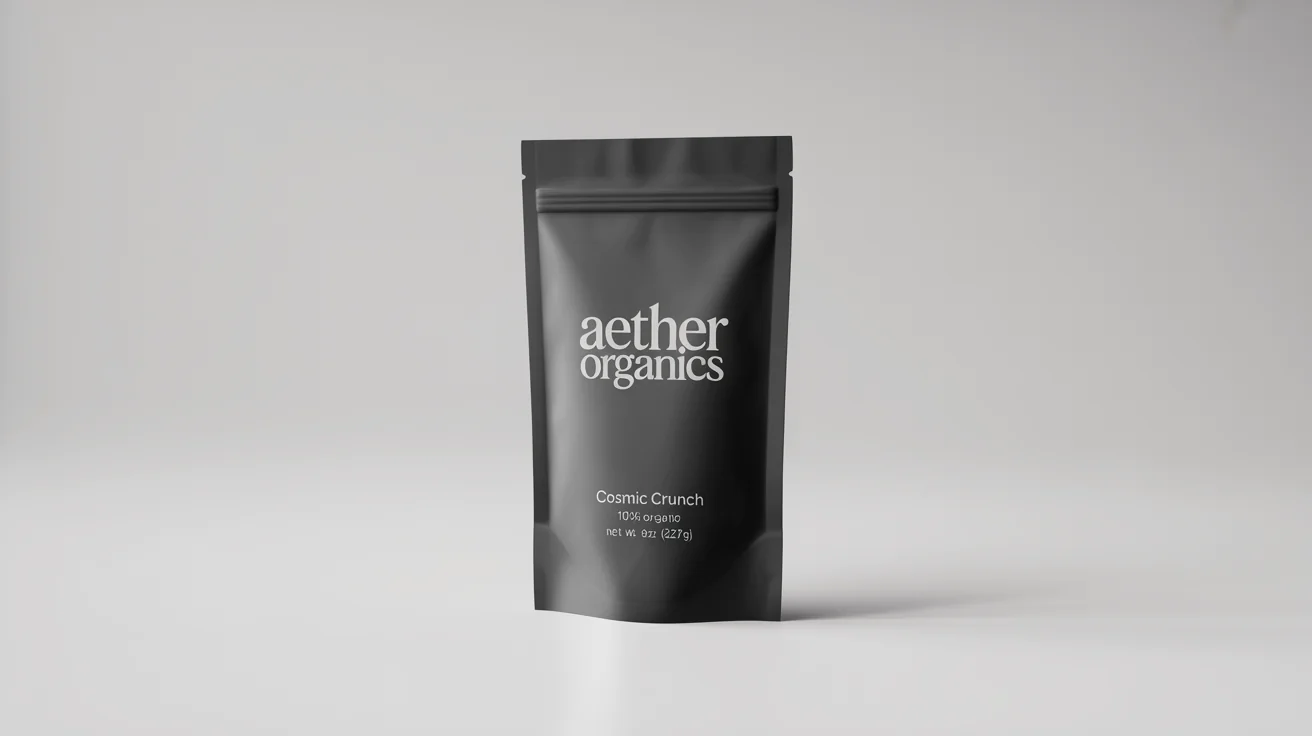 A professional mockup of a matte black mylar stand-up pouch with the brand 'Aether Organics' and product 'Cosmic Crunch' printed on it, set against a clean white background.