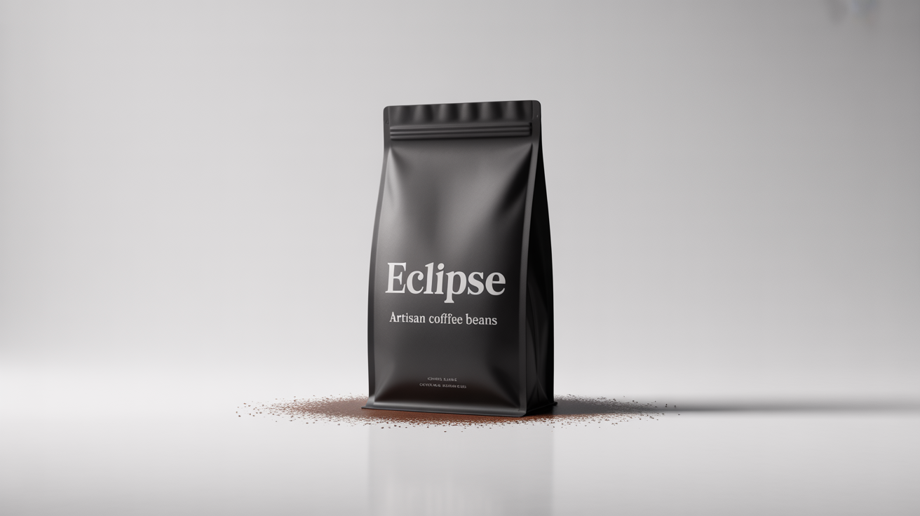A photorealistic mockup of a matte black mylar bag for artisan coffee beans, standing against a clean white background. The bag features a minimalist design with the brand name 'ECLIPSE' in white text.