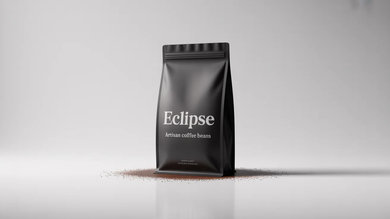 A photorealistic mockup of a matte black mylar bag for artisan coffee beans, standing against a clean white background. The bag features a minimalist design with the brand name 'ECLIPSE' in white text.