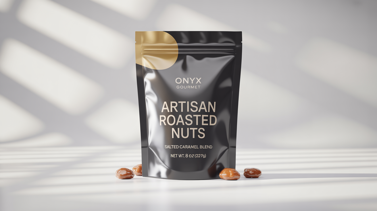 A professional mockup of a matte black and gold mylar stand-up pouch for 'ONYX GOURMET' 'ARTISAN ROASTED NUTS', presented against a clean white background.