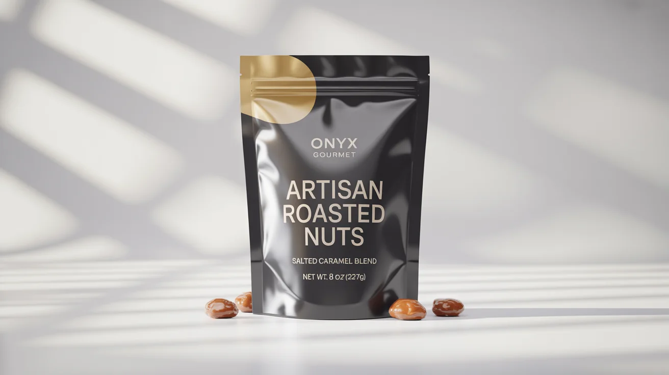 A professional mockup of a matte black and gold mylar stand-up pouch for 'ONYX GOURMET' 'ARTISAN ROASTED NUTS', presented against a clean white background.