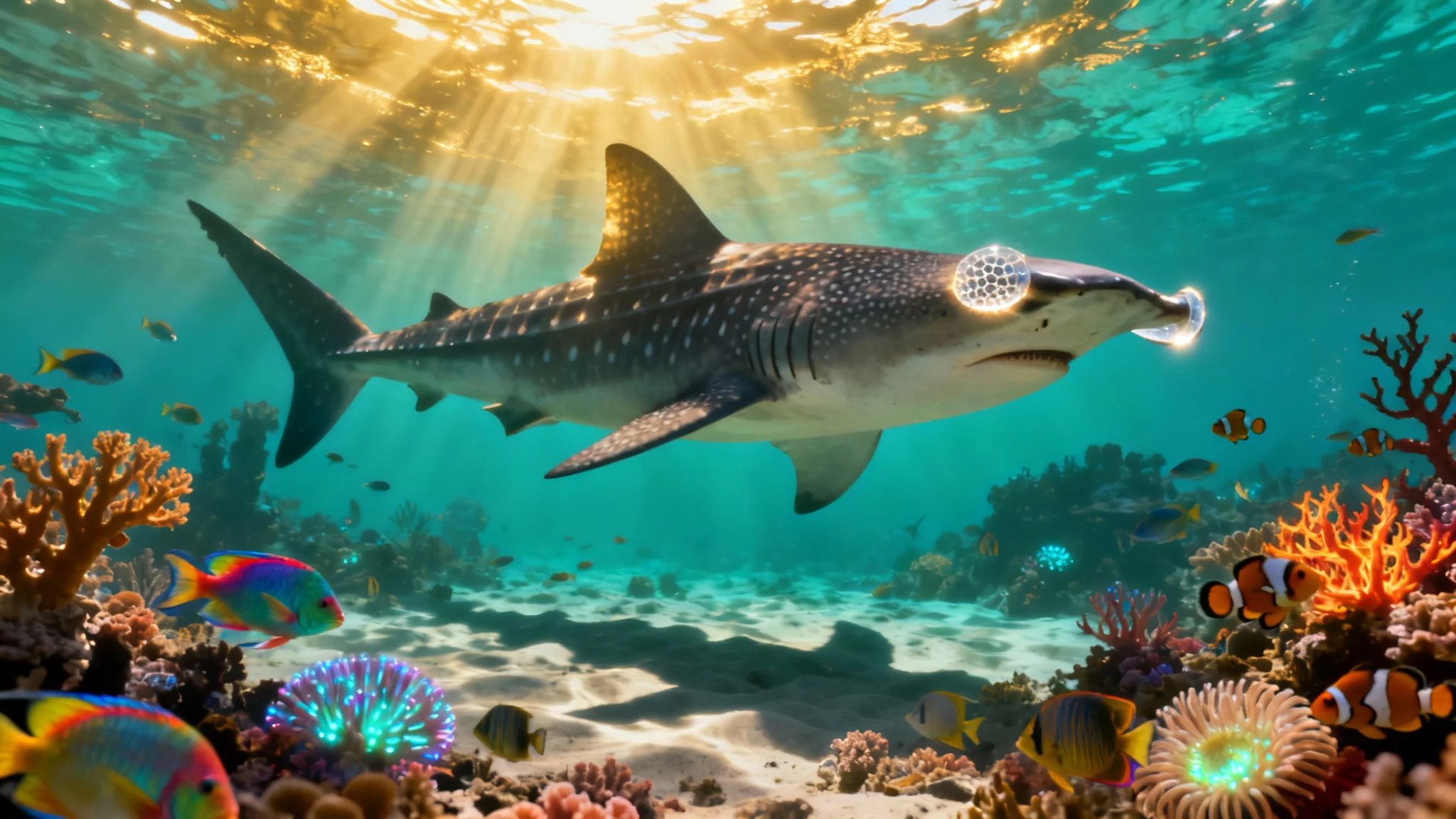 A detailed digital illustration of a hammerhead shark swimming gracefully over a colorful coral reef. Sunlight filters through the blue water, illuminating the vibrant underwater scene.