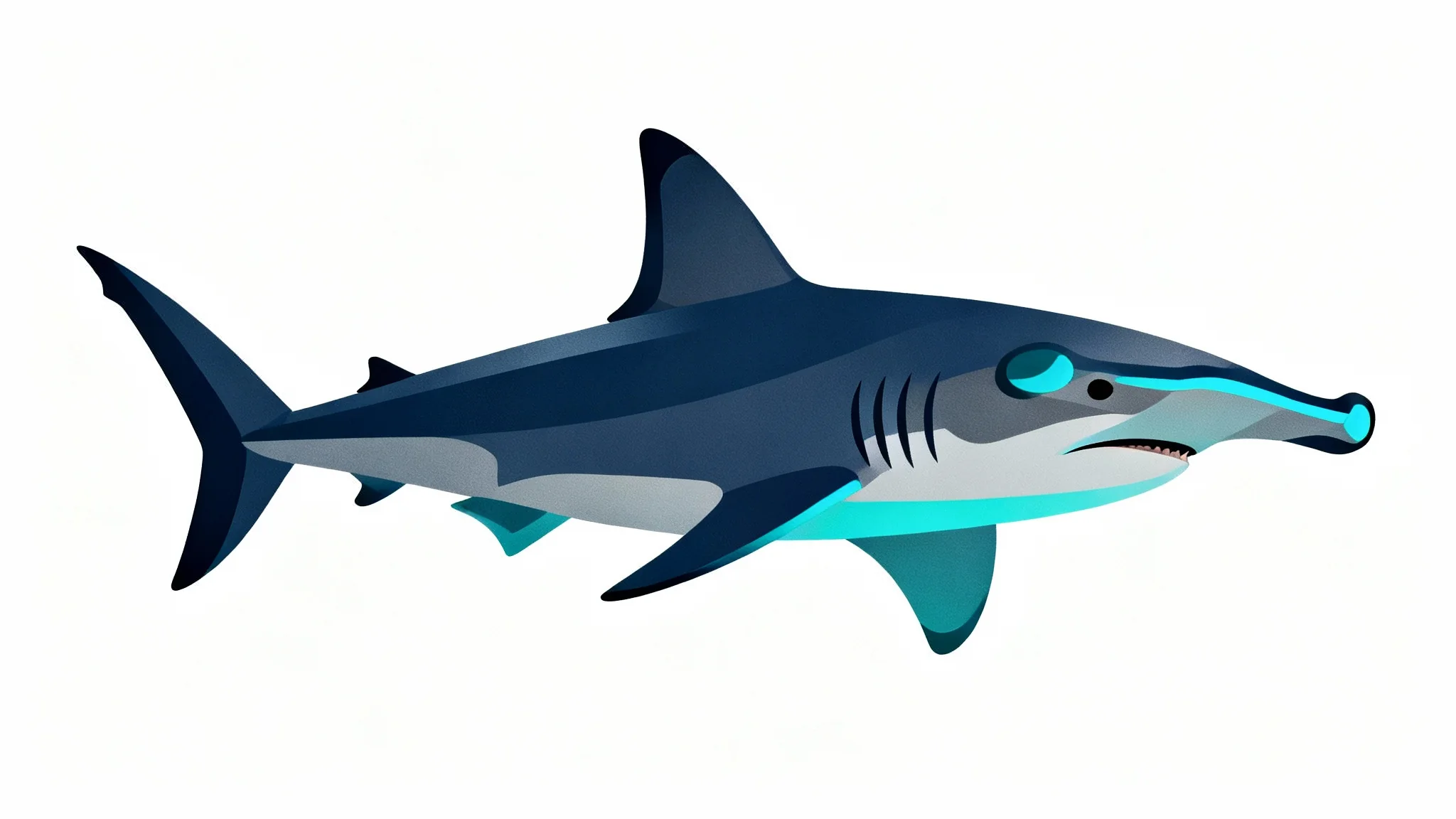 A modern, minimalist digital illustration of a hammerhead shark swimming gracefully, rendered in shades of blue and grey against a stark white background.
