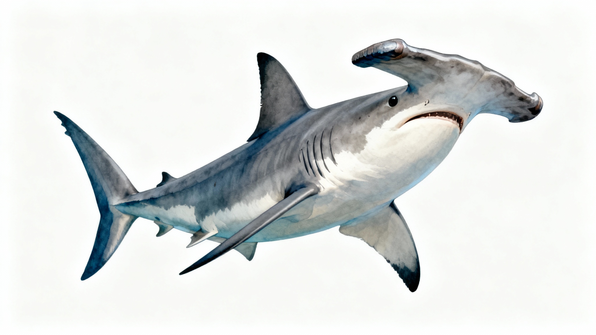 A modern digital illustration of a hammerhead shark swimming, shown against a clean white background.