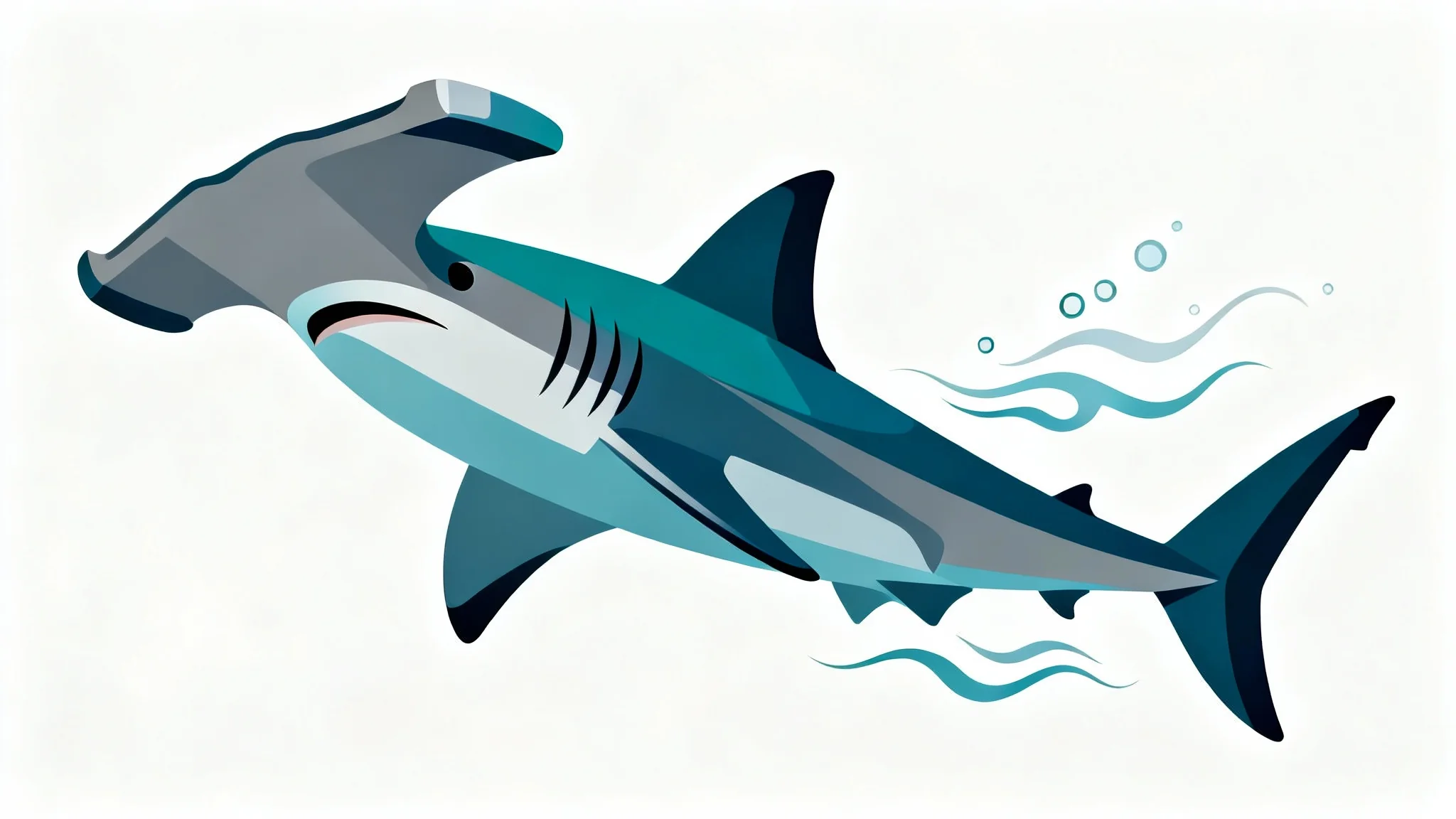 A modern, graphic illustration of a hammerhead shark in shades of blue and teal, swimming against a stark white background.