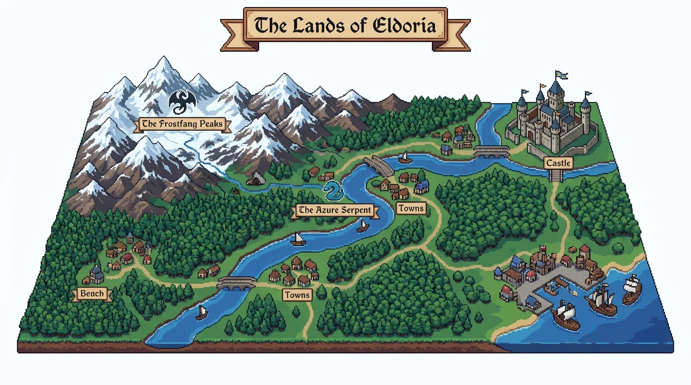 A final, polished pixel art world map of a fantasy land called 'The Lands of Eldoria', representing the output of a pixel map generator. The map includes detailed mountains, forests, rivers, and towns in a vibrant, cohesive style.