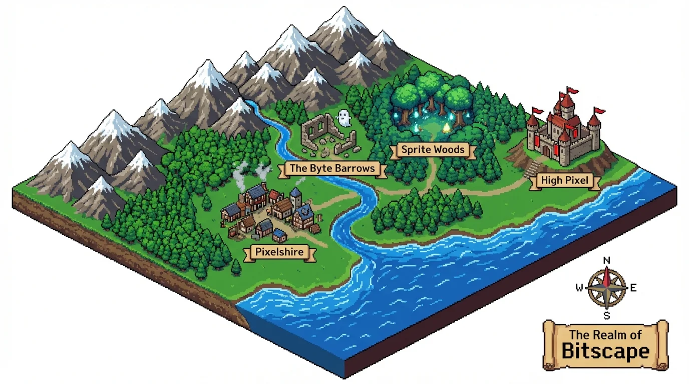 An isometric 16-bit pixel art map of a fantasy world, featuring mountains, forests, and a castle, isolated on a clean white background.