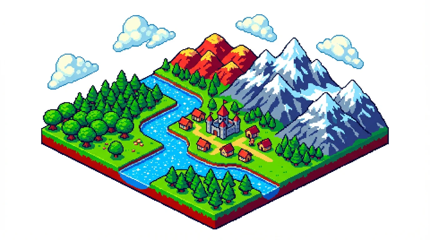 A detailed 16-bit pixel art map of a fantasy landscape, shown from an isometric perspective. The map includes forests, a river, and mountains, all created in a vibrant, retro video game style and set against a plain white background.