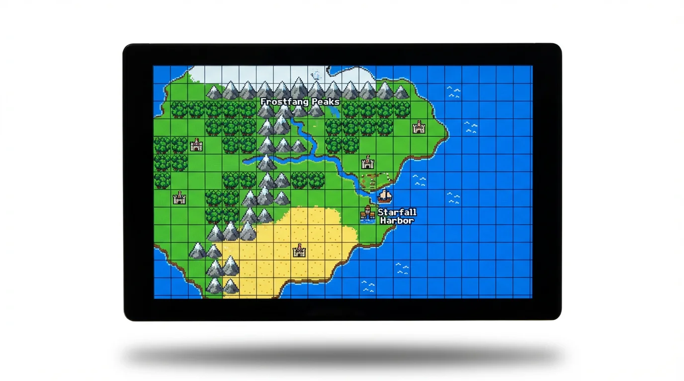 A detailed 16-bit pixel art map of a fantasy continent, featuring mountains, forests, and cities, displayed against a clean white background.