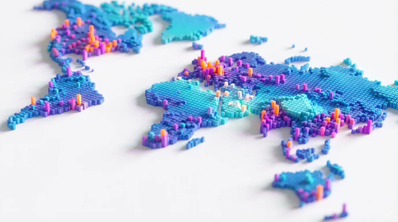 A vibrant 3D pixel map of the world on a white background, with continents made of glowing blue and purple cubes of varying heights to represent data.