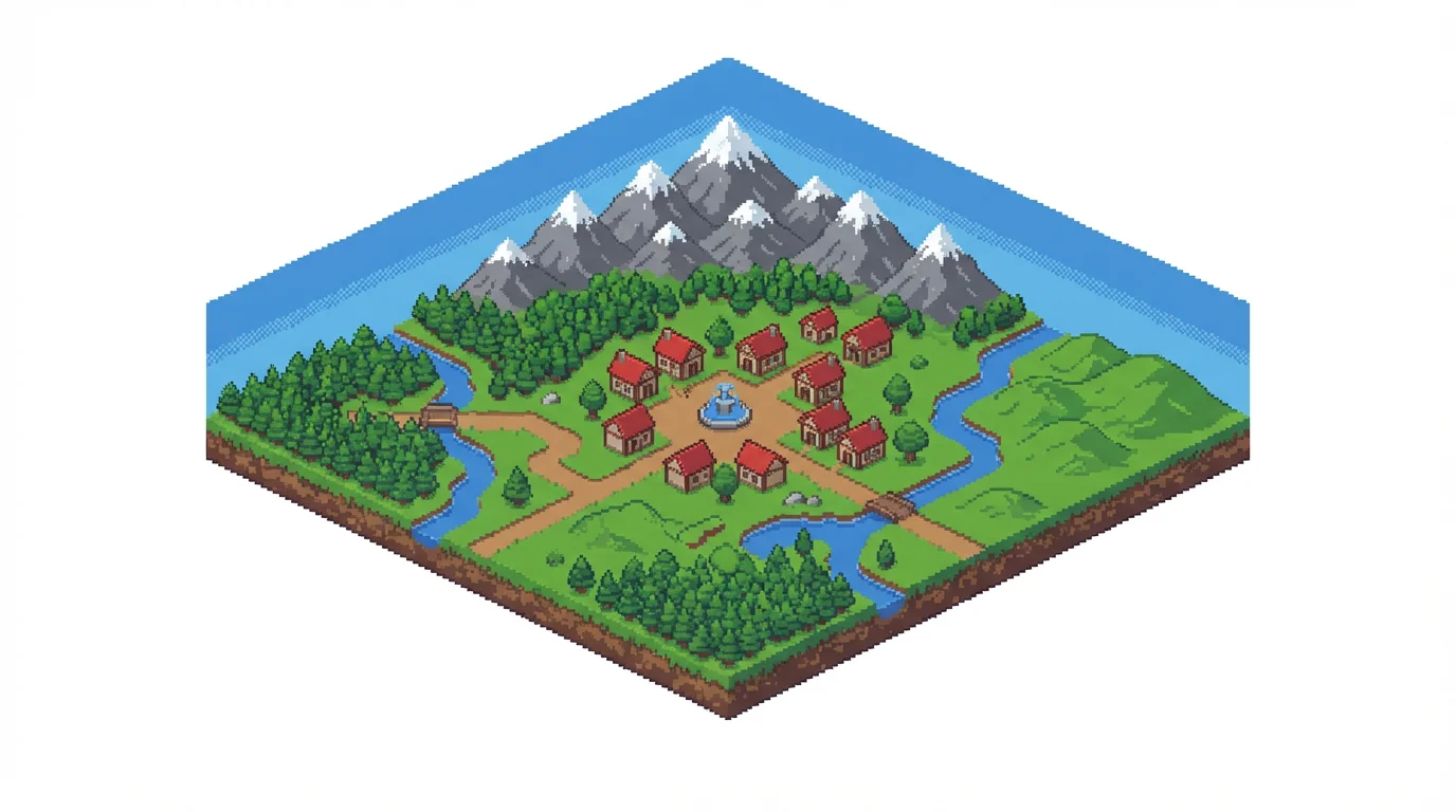 An isometric pixel art map showing a small village, forests, a river, and mountains, in the style of a 16-bit video game, set against a white background.