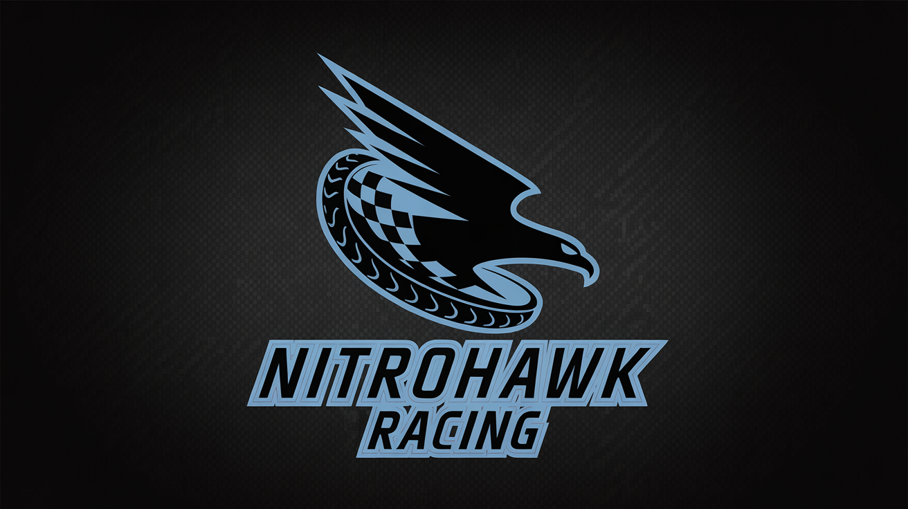 A professional and dynamic logo for a racing team called 'Nitrohawk Racing', featuring a stylized hawk, checkered flag, and tire marks in blue, grey, and white on a carbon fiber background.
