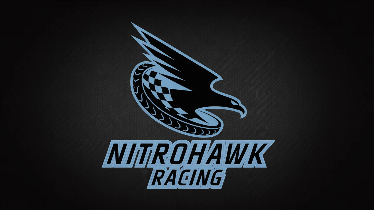 A professional and dynamic logo for a racing team called 'Nitrohawk Racing', featuring a stylized hawk, checkered flag, and tire marks in blue, grey, and white on a carbon fiber background.
