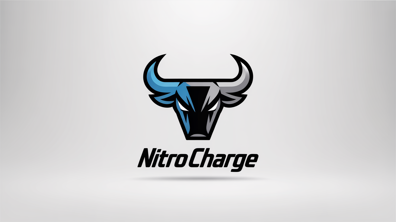 A modern racing logo mockup for 'Nitro Charge' featuring a stylized blue and silver bull's head on a clean white background.