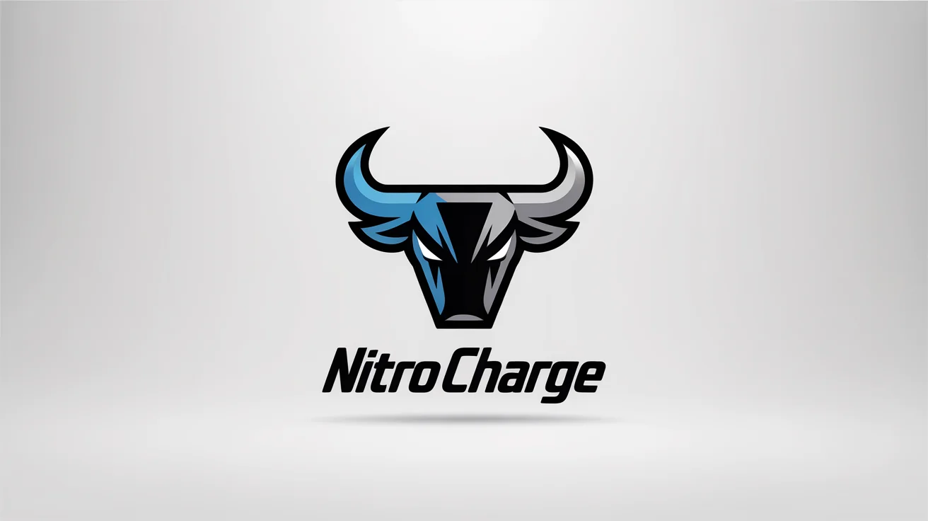 A modern racing logo mockup for 'Nitro Charge' featuring a stylized blue and silver bull's head on a clean white background.